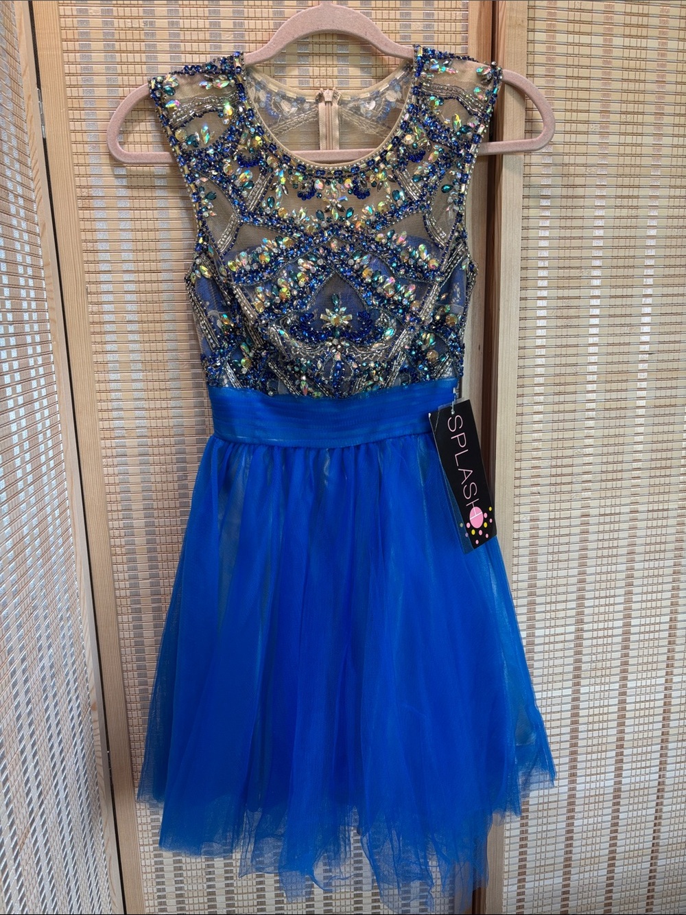 Elegant Blue Rhinestone studded sleeveless mini formal prom dress